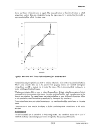Annex 4.6
A4-22 WATER RESOURCES
above and below which the area is equal. The mean elevation is then the elevation to which
temperature station data are extrapolated using the lapse rate, to be applied in the model as
representative of the whole elevation zone.
Figure 1 Elevation-area curve used for defining the mean elevation
Temperature and precipitation can both be entered either on a basin-wide or a zone specific basis.
Where zone specific data are to be entered but gauging stations are limited, appropriate
extrapolation should be carried out to scale the inputs. This is recommended, particularly in
basins with large altitudinal ranges.
Whether precipitation falls as snow or rain will depend on a defined critical temperature which is
compared to the temperature at the mean elevation point defined for each elevation zone at the
time of precipitation. The model treats precipitation falling as snow differently from that falling
as rain, producing runoff immediately or delayed by the degree day melt factor.
Temperature lapse rates and critical temperatures can also be defined by whole basin or elevation
zones.
Depletion curves must also be developed to define continuing snow covered area as the model
proceeds.
Model outputs
The model can be run in simulation or forecasting modes. The simulation mode can be used to
establish discharge series in ungauged basins or to predict the accuracy of forecasts.
 