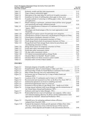 Project: Development of Hydrological Design Aids (Surface Water) under HP-II
Document: 2009097/WR/REP-02 July 2010
State of the Art Report Revision: R0
  iv  WATER RESOURCES
 
Table 3.2 Hydraulic models and their data requirements……………………………. 3-15
Table 3.3 Types of data to which QAS apply………………………………………... 3-16
Table 3.4 Description of the steps taken for each level of quality assurance………... 3-17
Table 3.5 Guidelines for limits of infilling data where gaps or errors exist…………. 3-19
Table 3.6 Example methods of correcting or infilling gaps in data, their suitability
and application……………………………………………………………. 3-21
Table 3.7 Details relating to catchments, catchment observed-flow series (gauged
and naturalised) and model calibration periods…………………………... 3-29
Table 3.8 Form for identification of character of a catchment (Environment
Agency, 2001)……………………………………………………………. 3-33
Table 3.9 Advantages and disadvantages of the two main approaches to melt
Modelling…………………………………………………………………. 3-43
Table 3.10 Application of various sensors for particular snow properties……………. 3-46
Table 3.11 Classification of Water Conservancy and Hydropower Projects in China... 3-62
Table 3.12 Classification of hydraulic structures in China……………………………. 3-63
Table 3.13 Design flood criteria for permanent structures in China………………….. 3-63
Table 3.14 Check design flood criteria for permanent structures in China…………… 3-63
Table 3.15 Design flood and Check design flood criteria for powerhouse and
non-damming structures in China………………………………………… 3-64
Table 3.16 Design flood criteria for temporary structures in China…………………... 3-64
Table 3.17 French dam safety assessment criteria……………………………………. 3-64
Table 3.18 Polish dam safety assessment criteria…………………………………….. 3-66
Table 3.19 UK dam safety assessment criteria………………………………………... 3-67
Table 3.20 US Federal recommended spillway design floods………………………… 3-68
Table 4.1 Checklist Matrix for Rainfall –Runoff models…………………………… 4-2
Table 4.2 Checklist Matrix for Water resources system models…………………….. 4-3
Table 4.3 Checklist matrix for River Basin models…………………………………. 4-4
FIGURES
Figure 2.1 Schematic diagram of monthly runoff model……………………………... 2.1-17
Figure 2.2 Simplified flow chart of vertical balance within each ASA………………. 2.1-19
Figure 2.3 Sub-Zonal Map of India for Small/Medium Catchments flood studies…... 2.2-16
Figure 2.4 Map of India showing zone wise sedimentation rate……………………… 2.3-5
Figure 2.5 Iso-erosion rate (in Tonnes km-2yr-1) map of India (Garde and
Kothyari,1987)…………………………………………………………… 2.3-8
Figure 3.1 Locations of the 15 catchments used in Jones et al. (2006)……………… 3-28
Figure 3.2 Reconstructed and measured river flow on the River Exe from 1907-11… 3-31
Figure 3.3 fundamental operations involved in modelling snowmelt………………... 3-40
Figure 3.4 Generalized depositional zones in a reservoir…………………………….. 3-88
Figure 3.5 Formation of fluvial delta in Lake Mead, USA – Smith et al (1954)……... 3-88
Figure 3.6 Average annual sediment yield versus drainage area for semiarid areas of
the United States (Strand and Pemberton 1987)…………………………. 3-90
Figure 3.7 Sediment yield map for India (Shangle, 1991)……………………………. 3-93
Figure 3.8 Relationship between reservoir hydrologic size (capacity: inflow ratio)
and sediment-trapping efficiency by Brune and the Sedimentation index
approach by Churchill (Strand and Pemberton 1987)………………….. 3-97
Figure 3.9 Churchill curve for estimating sediment release efficiency
(adapted from Churchill 1948)…………………………………………… 3-97
Figure 3.10 Temporal development of delta growth upstream of Bakra Dam, India.
The rate of delta advance slows with time because Of the reservoir
geometry, which depends and broadens in the downstream direction…… 3-99
 