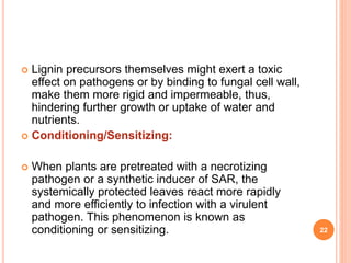  Lignin precursors themselves might exert a toxic
effect on pathogens or by binding to fungal cell wall,
make them more rigid and impermeable, thus,
hindering further growth or uptake of water and
nutrients.
 Conditioning/Sensitizing:
 When plants are pretreated with a necrotizing
pathogen or a synthetic inducer of SAR, the
systemically protected leaves react more rapidly
and more efficiently to infection with a virulent
pathogen. This phenomenon is known as
conditioning or sensitizing. 22
 