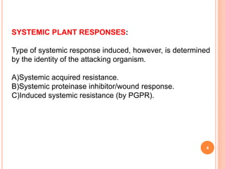 4
SYSTEMIC PLANT RESPONSES:
Type of systemic response induced, however, is determined
by the identity of the attacking organism.
A)Systemic acquired resistance.
B)Systemic proteinase inhibitor/wound response.
C)Induced systemic resistance (by PGPR).
 