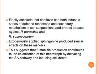  Finally conclude that riboflavin can both induce a
series of defence responses and secondary
metabolism in cell suspensions and protect tobacco
against P. parasitica and
R. solanacearum
o Exogenously applied sphinganine produced similar
effects on these markers.
 This suggests that fumonisin production contributes
to the colonization of this necrotroph by activating
the SA pathway and inducing cell death
72
 
