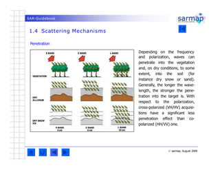 SAR-Guidebook
1.4 Scattering Mechanisms
© sarmap, August 2009
Penetration
Depending on the frequency
and polarization, wav...