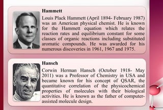 Hammett 
Louis Plack Hammett (April 1894- February 1987) 
was an American physical chemist. He is known 
for the Hammett equation which relates the 
reaction rates and equilibrium constant for some 
classes of organic reactions including substituted 
aromatic compounds. He was awarded for his 
numerous discoveries in 1961, 1967 and 1975. 
Hansch 
Corwin Herman Hansch (October 1918- May 
2011) was a Professor of Chemistry in USA and 
became known for his concept of QSAR, the 
quantitative correlation of the physicochemical 
properties of molecules with their biological 
activities. He is known as the father of computer-assisted 
molecule design. 
 