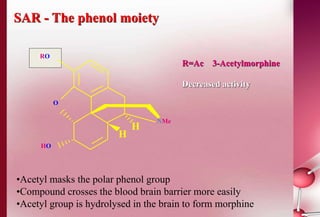 SAR - The phenol moiety 
R=Ac 3-Acetylmorphine 
Decreased activity 
NMe 
O 
RO 
HO 
H 
H 
•Acetyl masks the polar phenol group 
•Compound crosses the blood brain barrier more easily 
•Acetyl group is hydrolysed in the brain to form morphine 
 