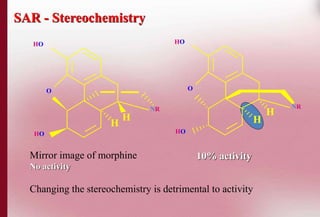 SAR - Stereochemistry 
Mirror image of morphine 
No activity 
H NR 
10% activity 
Changing the stereochemistry is detrimental to activity 
NR 
O 
HO 
HO 
H 
O 
HO 
HO 
H 
H 
 