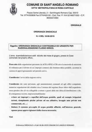 Sant'Angelo Romano - Ordinanza Comunale Contingibile ed Urgente per Razionalizzazione Flusso Idrico 