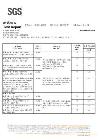 25, Wu Chyuan 7th Road, New Taipei Industrial Park, Wu Ku District, New Taipei City, Taiwan /新北市五股區新北產業園區五權七路25號
t+886 (02)2299 3939 f+886 (02)2299 3237 www.sgs.tw
Member of the SGS Group
SGS Taiwan Ltd. 台灣檢驗科技股份有限公司
This document is issued by the Company subject to its General Conditions of Service printed overleaf, available on request or accessible at http://www.sgs.com/en/Terms-and-Conditions.aspx
and, for electronic format documents, subject to Terms and Conditions for Electronic Documents at http://www.sgs.com/en/Terms-and-Conditions/Termse-Document.aspx. Attention is
drawn to the limitation of liability, indemnification and jurisdiction issues defined therein. Any holder of this document is advised that information contained hereon reflects the Company’s
findings at the time of its intervention only and within the limits of client’s instruction, if any. The Company’s sole responsibility is to its Client and this document does not exonerate parties
to a transaction from exercising all their rights and obligations under the transaction documents. This document cannot be reproduced, except in full, without prior written approval of the
Company. Any unauthorized alteration, forgery or falsification of the content or appearance of this document is unlawful and offenders may be prosecuted to the fullest extent of the law.
Unless otherwise stated the results shown in this test report refer only to the sample(s) tested.
頁數(Page): 3 of 12號碼(No.) : CE/2016/20823B 日期(Date) : 2017/03/07
HT-TECH CORPORATION
測試報告
Test Report
新北市汐止區大同路一段179號9樓
9F., NO. 179, SEC. 1, DATONG RD., XIZHI DIST., NEW TAIPEI CITY 221, TAIWAN (R. O. C.)
宏信科技股份有限公司 *CE/2016/20823B*
No.1
50 n.d.
50 n.d.
50 n.d.
50 n.d.
5 n.d.
50 n.d.
50 n.d.
50 n.d.
50 n.d.
鄰苯二甲酸丁苯甲酯 / BBP (Butyl
Benzyl phthalate) (CAS No.: 85-68-7)
mg/kg
參考IEC 62321: 2008方法, 以氣相層
析/質譜儀檢測. / With reference to
IEC 62321: 2008 method. Analysis
was performed by GC/MS.
參考BS EN 14582:2007, 以離子層析儀
分析. / With reference to BS EN
14582:2007. Analysis was performed
by IC.
參考IEC 62321-8 (111/321/CD)，以氣
相層析儀/質譜儀檢測之. / With
reference to IEC 62321-8
(111/321/CD). Analysis was
performed by GC/MS.
mg/kg
鹵素 (氯) / Halogen-Chlorine (Cl)
(CAS No.: 22537-15-1)
mg/kg
鄰苯二甲酸二丁酯 / DBP (Dibutyl
phthalate) (CAS No.: 84-74-2)
mg/kg
鄰苯二甲酸二 (2-乙基己基)酯 / DEHP
(Di- (2-ethylhexyl) phthalate) (CAS
No.: 117-81-7)
mg/kg
鄰苯二甲酸二異丁酯 / DIBP (Di-
isobutyl phthalate) (CAS No.: 84-69-
5)
測試項目
(Test Items)
單位
(Unit)
六溴環十二烷及所有主要被辨別出的異構
物 / Hexabromocyclododecane (HBCDD)
and all major diastereoisomers
identified (α- HBCDD, β- HBCDD,
γ- HBCDD) (CAS No.: 25637-99-4 and
3194-55-6 (134237-51-7, 134237-50-6,
134237-52-8))
mg/kg
鹵素 (溴) / Halogen-Bromine (Br)
(CAS No.: 10097-32-2)
mg/kg
鹵素 (碘) / Halogen-Iodine (I) (CAS
No.: 14362-44-8)
mg/kg
鹵素 / Halogen
鹵素 (氟) / Halogen-Fluorine (F)
(CAS No.: 14762-94-8)
測試方法
(Method)
方法偵測
極限值
(MDL)
結果 (Result)
mg/kg
 