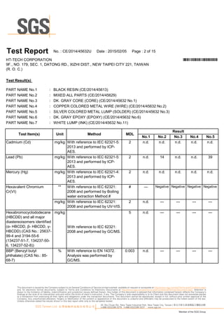 T es t Res u lt(s )
：
：
：
：
：
：
：
N o.1 N o.2 N o.3 N o.4 N o.5
m g/kg W ith reference to IEC 62321 -5:
20 1 3 andp erform edby IC P-
A ES.
2 n.d. n.d. n.d. n.d. n.d.
m g/kg W ith reference to IEC 62321 -5:
20 1 3 andp erform edby IC P-
A ES.
2 n.d. 1 4 n.d. n.d. 39
m g/kg W ith reference to IEC 62321 -4:
20 1 3 andp erform edby IC P-
A ES.
2 n.d. n.d. n.d. n.d. n.d.
** W ith reference to IEC 62321 :
20 0 8 andp erform edby B oiling
water extraction M ethod.#
# --- N egative N egative N egative N egative
m g/kg W ith reference to IEC 62321 :
20 0 8 andp erform edby U V-VIS.
2 n.d. --- --- --- ---
m g/kg
W ith reference to IEC 62321 :
20 0 8 andp erform edby G C /M S.
5 n.d. --- --- --- ---
% W ith reference to EN 1 4372.
A nalysis was p erform edby
G C /M S.
0 .0 0 3 n.d. --- --- --- ---
D K.G R A Y C O R E(C O R E) (C E/20 1 4/45632 N o.1 )
M DLM ethod
M IXED A L L PA R TS (C E/20 1 4/45629)
C O PPER C O L O R ED M ETA L W IR E(W IR E) (C E/20 1 4/45632 N o.2)
SIL VER C O L O R ED M ETA L L U M P (SO L D ER ) (C E/20 1 4/45632 N o.3)
W H ITEL U M P (IN K) (C E/20 1 4/45632 N o.1 1 )
B L A C K R ESIN (C E/20 1 4/4561 3)
D K.G R A Y EPO XY (EPO XY) (C E/20 1 4/45632 N o.6)
PA R T N A M EN o.1
PA R T N A M EN o.4
PA R T N A M EN o.5
PA R T N A M EN o.6
PA R T N A M EN o.2
H exavalentC hrom iu m
C r(VI)
T es t Item (s )
M ercu ry (H g)
C adm iu m (C d)
L ead(Pb)
PA R T N A M EN o.3
Res u lt
T es t Report N o.:C E/20 1 4/45632U D ate :20 1 5/0 2/0 5 Page :2 of1 5
H T-TEC H C O R PO R A TIO N *CE/2014/45632U*
9F., N O .1 79, SEC .1 , D A TO N G R D ., XIZ H I D IST., N EW TA IPEI C ITY 221 , TA IW A N
(R .O .C .)
PA R T N A M EN o.7
U nit
H exabrom ocyclododecane
(H B C D D ) andallm ajor
diastereoisom ers identified
(α-H B C D D , β-H B C D D , γ-
H B C D D ) (C A S N o.:25637-
99-4 and31 94-55-6
(1 34237-51 -7, 1 34237-50 -
6, 1 34237-52-8))
B B P (B enzylbu tyl
p hthalate) (C A S N o.:85-
68-7)
33, Wu Chuan Rd., New Taipei Industrial Park, New Taipei City, Taiwan / 新北市新北產業園區五權路33號
t+886 (02)2299 3279 f+886 (02)2299 3237 www.sgs.tw
Member of the SGS Group
SGS Taiwan Ltd. 台灣檢驗科技股份有限公司
This document is issued by the Company subject to its General Conditions of Service printed overleaf, available on request or accessible at http://www.sgs.com/en/Terms-and-Conditions.aspx
and, for electronic format documents, subject to Terms and Conditions for Electronic Documents at http://www.sgs.com/en/Terms-and-Conditions/Termse-Document.aspx. Attention is
drawn to the limitation of liability, indemnification and jurisdiction issues defined therein. Any holder of this document is advised that information contained hereon reflects the Company’s
findings at the time of its intervention only and within the limits of client’s instruction, if any. The Company’s sole responsibility is to its Client and this document does not exonerate parties
to a transaction from exercising all their rights and obligations under the transaction documents. This document cannot be reproduced, except in full, without prior written approval of the
Company. Any unauthorized alteration, forgery or falsification of the content or appearance of this document is unlawful and offenders may be prosecuted to the fullest extent of the law.
Unless otherwise stated the results shown in this test report refer only to the sample(s) tested.
 