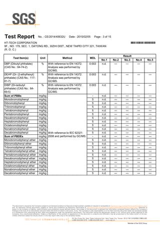 N o.1 N o.2 N o.3 N o.4 N o.5
% W ith reference to EN 1 4372.
A nalysis was p erform edby
G C /M S.
0 .0 0 3 n.d. --- --- --- ---
% W ith reference to EN 1 4372.
A nalysis was p erform edby
G C /M S.
0 .0 0 3 n.d. --- --- --- ---
% W ith reference to EN 1 4372.
A nalysis was p erform edby
G C /M S.
0 .0 0 3 n.d. --- --- --- ---
m g/kg - n.d. --- --- --- ---
m g/kg 5 n.d. --- --- --- ---
m g/kg 5 n.d. --- --- --- ---
m g/kg 5 n.d. --- --- --- ---
m g/kg 5 n.d. --- --- --- ---
m g/kg 5 n.d. --- --- --- ---
m g/kg 5 n.d. --- --- --- ---
m g/kg 5 n.d. --- --- --- ---
m g/kg 5 n.d. --- --- --- ---
m g/kg 5 n.d. --- --- --- ---
m g/kg 5 n.d. --- --- --- ---
m g/kg - n.d. --- --- --- ---
m g/kg 5 n.d. --- --- --- ---
m g/kg 5 n.d. --- --- --- ---
m g/kg 5 n.d. --- --- --- ---
m g/kg 5 n.d. --- --- --- ---
m g/kg 5 n.d. --- --- --- ---
m g/kg 5 n.d. --- --- --- ---
m g/kg 5 n.d. --- --- --- ---
m g/kg 5 n.d. --- --- --- ---
m g/kg 5 n.d. --- --- --- ---
m g/kg 5 n.d. --- --- --- ---
D IB P (D i-isobu tyl
p hthalate) (C A S N o.:84-
69-5)
H ep tabrom odip henylether
O ctabrom odip henylether
Pentabrom obip henyl
Tetrabrom obip henyl
Su m ofPB B s
M onobrom obip henyl
D ibrom obip henyl
Tribrom obip henyl
M onobrom odip henylether
D ibrom odip henylether
Tribrom odip henylether
Tetrabrom odip henylether
N onabrom obip henyl
D ecabrom obip henyl
H exabrom obip henyl
H ep tabrom obip henyl
O ctabrom obip henyl
9F., N O .1 79, SEC .1 , D A TO N G R D ., XIZ H I D IST., N EW TA IPEI C ITY 221 , TA IW A N
(R .O .C .)
N onabrom odip henylether
D ecabrom odip henylether
Pentabrom odip henylether
H exabrom odip henylether
D B P (D ibu tylp hthalate)
(C A S N o.:84-74-2)
D EH P (D i-(2-ethylhexyl)
p hthalate) (C A S N o.:1 1 7-
81 -7)
T es t Report N o.:C E/20 1 4/45632U D ate :20 1 5/0 2/0 5 Page :3 of1 5
H T-TEC H C O R PO R A TIO N *CE/2014/45632U*
Su m ofPB DEs
W ith reference to IEC 62321 :
20 0 8 andp erform edby G C /M S.
T es t Item (s ) U nit M ethod M DL
Res u lt
33, Wu Chuan Rd., New Taipei Industrial Park, New Taipei City, Taiwan / 新北市新北產業園區五權路33號
t+886 (02)2299 3279 f+886 (02)2299 3237 www.sgs.tw
Member of the SGS Group
SGS Taiwan Ltd. 台灣檢驗科技股份有限公司
This document is issued by the Company subject to its General Conditions of Service printed overleaf, available on request or accessible at http://www.sgs.com/en/Terms-and-Conditions.aspx
and, for electronic format documents, subject to Terms and Conditions for Electronic Documents at http://www.sgs.com/en/Terms-and-Conditions/Termse-Document.aspx. Attention is
drawn to the limitation of liability, indemnification and jurisdiction issues defined therein. Any holder of this document is advised that information contained hereon reflects the Company’s
findings at the time of its intervention only and within the limits of client’s instruction, if any. The Company’s sole responsibility is to its Client and this document does not exonerate parties
to a transaction from exercising all their rights and obligations under the transaction documents. This document cannot be reproduced, except in full, without prior written approval of the
Company. Any unauthorized alteration, forgery or falsification of the content or appearance of this document is unlawful and offenders may be prosecuted to the fullest extent of the law.
Unless otherwise stated the results shown in this test report refer only to the sample(s) tested.
 