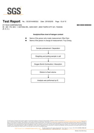 T es t Report N o.:C E/20 1 4/45632U D ate :20 1 5/0 2/0 5 Page :1 0 of1 5
H T-TEC H C O R PO R A TIO N *CE/2014/45632U*
9F., N O .1 79, SEC .1 , D A TO N G R D ., XIZ H I D IST., N EW TA IPEI C ITY 221 , TA IW A N
(R .O .C .)
Analyticalflow chart ofhalogen content
 N am e ofthe p erson w ho m ade m easu rem ent:R ita C hen
 N am e ofthe p erson in charge ofm easu rem ent:Troy C hang
Sam p le p retreatm ent/ Sep aration
W eightingandp u ttingsam p le in cell
O xygen B om bC om bu stion / A bsorp tion
A nalysis w as p erform edby IC
D ilu tion to fixedvolu m e
33, Wu Chuan Rd., New Taipei Industrial Park, New Taipei City, Taiwan / 新北市新北產業園區五權路33號
t+886 (02)2299 3279 f+886 (02)2299 3237 www.sgs.tw
Member of the SGS Group
SGS Taiwan Ltd. 台灣檢驗科技股份有限公司
This document is issued by the Company subject to its General Conditions of Service printed overleaf, available on request or accessible at http://www.sgs.com/en/Terms-and-Conditions.aspx
and, for electronic format documents, subject to Terms and Conditions for Electronic Documents at http://www.sgs.com/en/Terms-and-Conditions/Termse-Document.aspx. Attention is
drawn to the limitation of liability, indemnification and jurisdiction issues defined therein. Any holder of this document is advised that information contained hereon reflects the Company’s
findings at the time of its intervention only and within the limits of client’s instruction, if any. The Company’s sole responsibility is to its Client and this document does not exonerate parties
to a transaction from exercising all their rights and obligations under the transaction documents. This document cannot be reproduced, except in full, without prior written approval of the
Company. Any unauthorized alteration, forgery or falsification of the content or appearance of this document is unlawful and offenders may be prosecuted to the fullest extent of the law.
Unless otherwise stated the results shown in this test report refer only to the sample(s) tested.
 