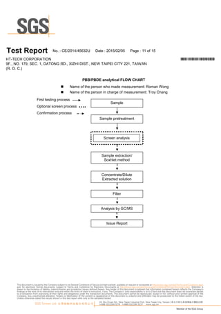 9F., N O .1 79, SEC .1 , D A TO N G R D ., XIZ H I D IST., N EW TA IPEI C ITY 221 , TA IW A N
(R .O .C .)
T es t Report N o.:C E/20 1 4/45632U D ate :20 1 5/0 2/0 5 Page :1 1 of1 5
H T-TEC H C O R PO R A TIO N *CE/2014/45632U*
PB B /PB DE analyticalFL OW C H ART
Firsttestingp rocess
O p tionalscreen p rocess
C onfirm ationp rocess
Sam p le
Screen analysis
Issu e R ep ort
Sam p le p retreatm ent
Sam p le extraction/
Soxhletm ethod
C oncentrate/D ilu te
Extractedsolu tion
A nalysis by G C/M S
Filter
 N am eofthep erson w ho m ade m easu rem ent:R om an W ong
 N am eofthep erson in charge ofm easu rem ent:Troy C hang
33, Wu Chuan Rd., New Taipei Industrial Park, New Taipei City, Taiwan / 新北市新北產業園區五權路33號
t+886 (02)2299 3279 f+886 (02)2299 3237 www.sgs.tw
Member of the SGS Group
SGS Taiwan Ltd. 台灣檢驗科技股份有限公司
This document is issued by the Company subject to its General Conditions of Service printed overleaf, available on request or accessible at http://www.sgs.com/en/Terms-and-Conditions.aspx
and, for electronic format documents, subject to Terms and Conditions for Electronic Documents at http://www.sgs.com/en/Terms-and-Conditions/Termse-Document.aspx. Attention is
drawn to the limitation of liability, indemnification and jurisdiction issues defined therein. Any holder of this document is advised that information contained hereon reflects the Company’s
findings at the time of its intervention only and within the limits of client’s instruction, if any. The Company’s sole responsibility is to its Client and this document does not exonerate parties
to a transaction from exercising all their rights and obligations under the transaction documents. This document cannot be reproduced, except in full, without prior written approval of the
Company. Any unauthorized alteration, forgery or falsification of the content or appearance of this document is unlawful and offenders may be prosecuted to the fullest extent of the law.
Unless otherwise stated the results shown in this test report refer only to the sample(s) tested.
 