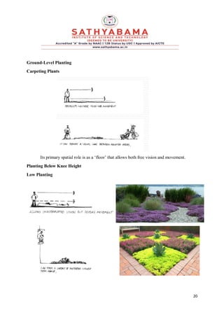 20
Ground-Level Planting
Carpeting Plants
Its primary spatial role is as a ‘floor’ that allows both free vision and movement.
Planting Below Knee Height
Low Planting
 