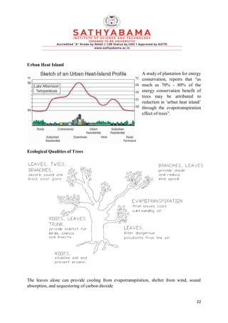 22
Urban Heat Island
A study of plantation for energy
conservation, reports that “as
much as 70% - 80% of the
energy conservation benefit of
trees may be attributed to
reduction in ‘urban heat island’
through the evapotranspiration
effect of trees”.
Ecological Qualities of Trees
The leaves alone can provide cooling from evapotranspiration, shelter from wind, sound
absorption, and sequestering of carbon dioxide
 