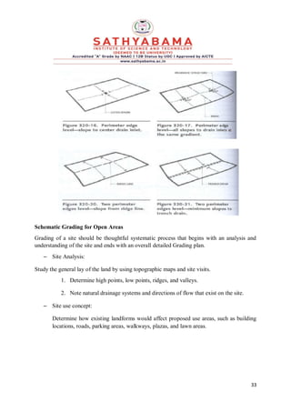 33
Schematic Grading for Open Areas
Grading of a site should be thoughtful systematic process that begins with an analysis and
understanding of the site and ends with an overall detailed Grading plan.
– Site Analysis:
Study the general lay of the land by using topographic maps and site visits.
1. Determine high points, low points, ridges, and valleys.
2. Note natural drainage systems and directions of flow that exist on the site.
– Site use concept:
Determine how existing landforms would affect proposed use areas, such as building
locations, roads, parking areas, walkways, plazas, and lawn areas.
 
