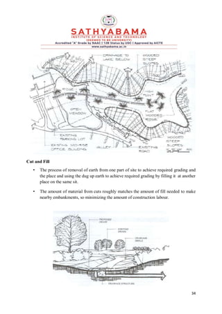 34
Cut and Fill
• The process of removal of earth from one part of site to achieve required grading and
the place and using the dug up earth to achieve required grading by filling it at another
place on the same sit.
• The amount of material from cuts roughly matches the amount of fill needed to make
nearby embankments, so minimizing the amount of construction labour.
 