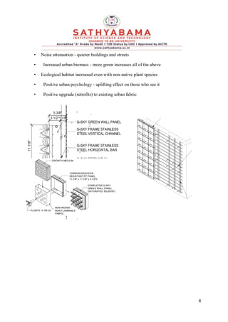 8
• Noise attenuation - quieter buildings and streets
• Increased urban biomass - more green increases all of the above
• Ecological habitat increased even with non-native plant species
• Positive urban psychology - uplifting effect on those who see it
• Positive upgrade (retrofits) to existing urban fabric
 