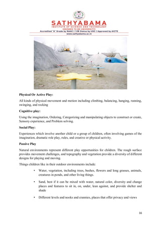 16
Physical Or Active Play:
All kinds of physical movement and motion including climbing, balancing, hanging, running,
swinging, and rocking
Cognitive play:
Using the imagination, Ordering, Categorizing and manipulating objects to construct or create,
Sensory experience, and Problem solving.
Social Play:
Experiences which involve another child or a group of children, often involving games of the
imagination, dramatic role play, rules, and creative or physical activity.
Passive Play
Natural environments represent different play opportunities for children. The rough surface
provides movement challenges, and topography and vegetation provide a diversity of different
designs for playing and moving.
Things children like in their outdoor environments include:
• Water, vegetation, including trees, bushes, flowers and long grasses, animals,
creatures in ponds, and other living things.
• Sand, best if it can be mixed with water, natural color, diversity and change
places and features to sit in, on, under, lean against, and provide shelter and
shade
• Different levels and nooks and crannies, places that offer privacy and views
 