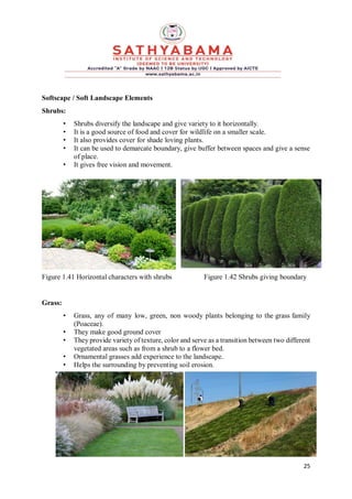 25
Softscape / Soft Landscape Elements
Shrubs:
• Shrubs diversify the landscape and give variety to it horizontally.
• It is a good source of food and cover for wildlife on a smaller scale.
• It also provides cover for shade loving plants.
• It can be used to demarcate boundary, give buffer between spaces and give a sense
of place.
• It gives free vision and movement.
Figure 1.41 Horizontal characters with shrubs Figure 1.42 Shrubs giving boundary
Grass:
• Grass, any of many low, green, non woody plants belonging to the grass family
(Poaceae).
• They make good ground cover
• They provide variety of texture, color and serve as a transition between two different
vegetated areas such as from a shrub to a flower bed.
• Ornamental grasses add experience to the landscape.
• Helps the surrounding by preventing soil erosion.
 