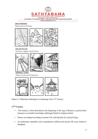 4
Figure 2.1 Illustrative Ideologies in Landscape from 15th
Century
17TH
Century
• 17th century is often described as the beginning of the Age of Reason, a period when
advances in scientific knowledge challenged beliefs in religious belief.
• Nature was shaped according to human will, and typically by royal privilege.
• As settlements expanded, native populations suffered and ancient life ways started to
disappear.
 