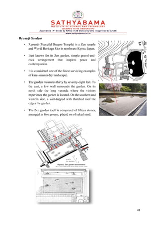 41
Ryoanji Gardens
• Ryoanji (Peaceful Dragon Temple) is a Zen temple
and World Heritage Site in northwest Kyoto, Japan.
• Best known for its Zen garden, simple gravel-and-
rock arrangement that inspires peace and
contemplation.
• It is considered one of the finest surviving examples
of kare-sansui (dry landscape).
• The garden measures thirty by seventy-eight feet. To
the east, a low wall surrounds the garden. On its
north side the long veranda where the visitors
experience the garden is located. On the southern and
western side, a wall-topped with thatched roof tile
edges the garden.
• The Zen garden itself is comprised of fifteen stones,
arranged in five groups, placed on of raked sand.
 