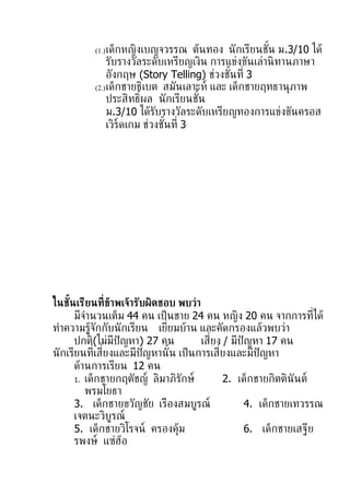(1.) เด็กหญิงเบญจวรรณ       ตูนทอง นั กเรียนชัน ม.3/10 ไดู
                                                        ้
               รับรำงวัลระดับเหรียญเงิน กำรแข่งขันเล่ำนิ ทำนภำษำ
               อังกฤษ (Story Telling) ช่วงชันท่ี 3
                                             ้
          (2.) เด็กชำยธิเบต สมันเลำะห์ และ เด็กชำยฤทธำน่ภำพ
               ประสิทธิผล นั กเรียนชัน
                        ์              ้
               ม.3/10 ไดูรับรำงวัลระดับเหรียญทองกำรแข่งขันครอส
               เวิร์ดเกม ช่วงชันท่ี 3
                               ้




ในชันเรียนท่ีขูาพเจูารับผิดชอบ พบว่า
     ้
       มีจำำนวนเต็ม 44 คน เป็ นชำย 24 คน หญิง 20 คน จำกกำรท่ีไดู
ทำำควำมรููจักกับนั กเรียน เย่ยมบูำน และคัดกรองแลูวพบว่ำ
                              ี
       ปกติ(ไม่มีปัญหำ) 27 คน           เส่ียง / มีปัญหำ 17 คน
นั กเรียนท่ีเส่ียงและมีปัญหำนั ้น เป็ นกำรเส่ียงและมีปัญหำ
       ดูำนกำรเรียน 12 คน
       1. เด็กชำยกฤตัชญ์ ลิมำภิรักษ์           2. เด็กชำยกิตตินันต์
          พรมโยธำ
       3. เด็กชำยขวัญชัย เรืองสมบูรณ์                4. เด็กชำยเทวรรณ
       เจตนะวิบูรณ์
       5. เด็กชำยวิโรจน์ ครองคู่ม                    6. เด็กชำยเสฐีย
       รพงษ์ แซ่ฮูอ
 