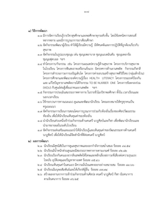 ๑๐๔
๑) วิธีการพัฒนา
๑.๑ มีการจัดการเรียนรู้รายวิชาสุขศึกษาและพลศึกษาทุกระดับชั้น โดยใช้เทคนิคการสอนที่
หลากหลาย และมีการบูรณาการอาเซียนศึกษา
๑.๒ จัดกิจกรรมพัฒนาผู้เรียน ทาให้ผู้เรียนมีความรู้ มีทัศนคติและการปฏิบัติที่ถูกต้องเกี่ยวกับ
สุขภาพ
๑.๓ จัดกิจกรรมในรูปแบบชุมนุม เช่น ชุมนุมพยาบาล ชุมนุมแบดมินตัน ชุมนุมตะกร้อ
ชุมนุมฟุตบอล ฯลฯ
๑.๔ ทาโครงการ/กิจกรรม เช่น โครงการเผยแพร่ความรู้ด้านสุขภาพ โครงการบริการสุขภาพ
ในโรงเรียน โครงการฟันสะอาดเหงือกแข็งแรง นิทรรศการต้านยาเสพติด กิจกรรมกีฬาสี
โครงการสารวจภาวะการเจริญเติบโต โครงการค่ายอบรมสร้างสุขภาพดีวิถีไทย (กลุ่มเด็กอ้วน)
โครงการศึกษาและพัฒนาองค์ความรู้เรื่อง HEALTH LITERACY โครงการรณรงค์ป้องกัน
และ แก้ไขปัญหายาเสพติดภายใต้กิจกรรม TO BE NUMBER ONE โครงการข้อตกลงร่วม
(MOU) กับศูนย์ต่อสู้เพื่อเอาชนะยาเสพติด ฯลฯ
๑.๕ กิจกรรมการประเมินสมรรถภาพทางกาย ในรายชั่วโมงวิชาพลศึกษา ทั้งใน เวลาเรียนและ
นอกเวลาเรียน
๑.๖ ใช้กระบวนการทางแนะแนว ดูแลและพัฒนานักเรียน โดยมอบหมายให้ครูทุกคนเป็น
ครูแนะแนว
๑.๗ จัดกิจกรรมการเรียนการสอนโดยการบูรณาการร่วมกับท้องถิ่นเรื่องของศิลปวัฒนธรรม
ท้องถิ่น เพื่อให้นักเรียนเห็นคุณค่าของท้องถิ่น
๑.๘ นานักเรียนส่วนหนึ่งเข้าร่วมกิจกรรมด้านดนตรี นาฏศิลป์และกีฬา เพื่อพัฒนานักเรียนและ
นามาขยายผลในระดับโรงเรียน
๑.๙ จัดกิจกรรมส่งเสริมและแนะนาให้นักเรียนรู้และเห็นคุณค่าของวัฒนธรรมทางด้านดนตรี
นาฏศิลป์ เพื่อให้นักเรียนมีจิตสานึกที่ดีต่อดนตรี นาฏศิลป์
๒) ผลการพัฒนา
๒.๑ นักเรียนมีสุขนิสัยในการดูแลสุขภาพและออกกาลังกายสม่าเสมอ ร้อยละ ๙๔.๕๔
๒.๒ นักเรียนมีน้าหนักส่วนสูงและมีสมรรถภาพทางกายตามเกณฑ์ ร้อยละ ๙๒.๘๒
๒.๓ นักเรียนป้องกันตนเองจากสิ่งเสพติดให้โทษและหลักเลี่ยงสภาวะที่เสี่ยงต่อความรุนแรง
โรคภัย อุบัติเหตุและปัญหาทางเพศ ร้อยละ ๙๕.๔๐
๒.๔ นักเรียนเห็นคุณค่าในตนเอง มีความมั่นใจแสดงออกอย่างเหมาะสม ร้อยละ ๘๓.๖๖
๒.๕ นักเรียนมีมนุษยสัมพันธ์และให้เกียรติผู้อื่น ร้อยละ ๙๗.๗๔
๒.๖ สร้างผลงงานจากการเข้าร่วมกิจกรรมด้านศิลปะ ดนตรี นาฏศิลป์ กีฬา นันทนาการ
ตามจินตนาการ ร้อยละ ๙๖.๒๕
 