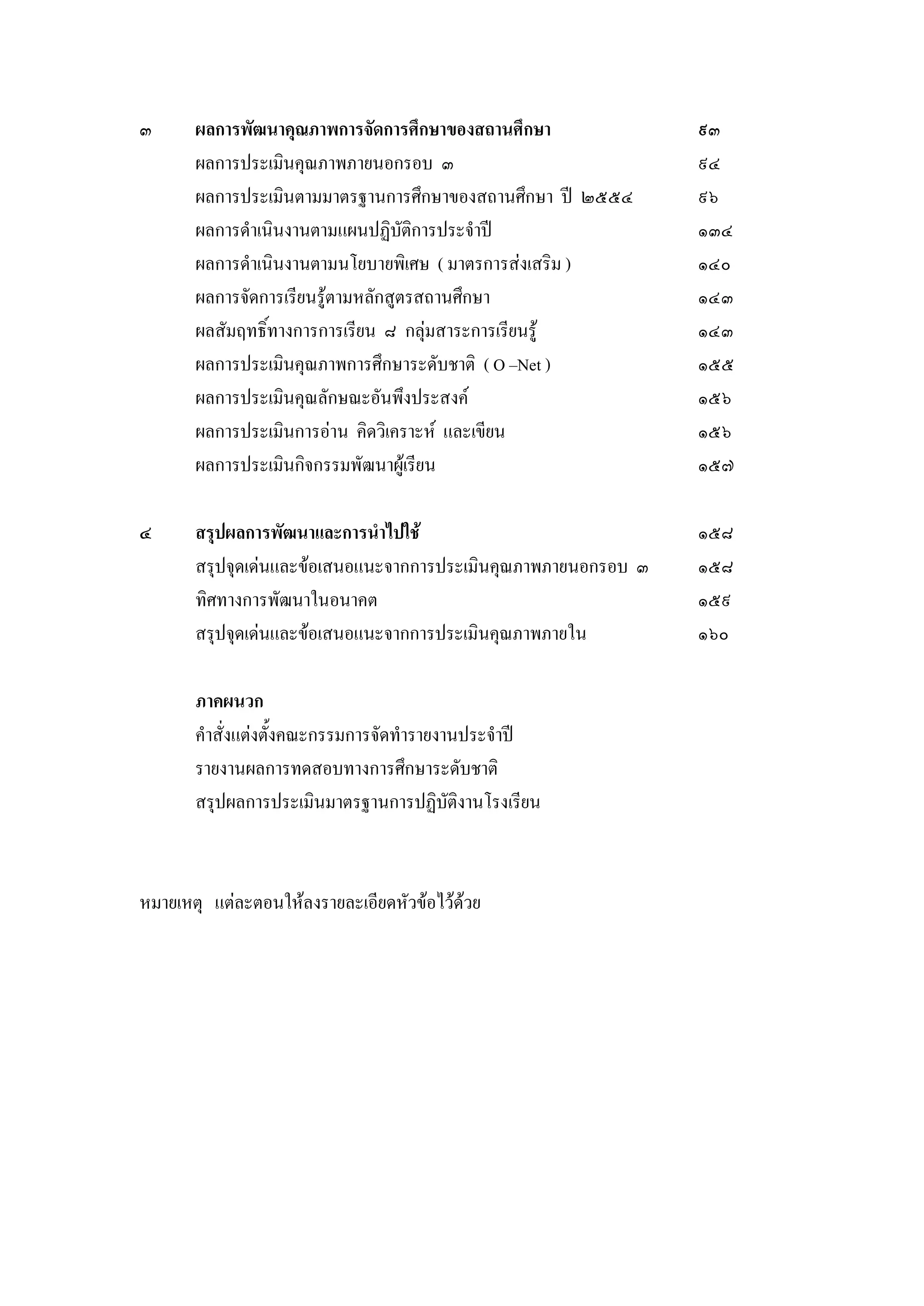 ๓ ผลการพัฒนาคุณภาพการจัดการศึกษาของสถานศึกษา ๙๓
ผลการประเมินคุณภาพภายนอกรอบ ๓ ๙๔
ผลการประเมินตามมาตรฐานการศึกษาของสถานศึกษา ปี ๒๕๕๔ ๙๖
ผลการดาเนินงานตามแผนปฏิบัติการประจาปี ๑๓๔
ผลการดาเนินงานตามนโยบายพิเศษ ( มาตรการสํงเสริม ) ๑๔๐
ผลการจัดการเรียนรู๎ตามหลักสูตรสถานศึกษา ๑๔๓
ผลสัมฤทธิ์ทางการการเรียน ๘ กลุํมสาระการเรียนรู๎ ๑๔๓
ผลการประเมินคุณภาพการศึกษาระดับชาติ ( O –Net ) ๑๕๕
ผลการประเมินคุณลักษณะอันพึงประสงค์ ๑๕๖
ผลการประเมินการอําน คิดวิเคราะห์ และเขียน ๑๕๖
ผลการประเมินกิจกรรมพัฒนาผู๎เรียน ๑๕๗
๔ สรุปผลการพัฒนาและการนาไปใช้ ๑๕๘
สรุปจุดเดํนและข๎อเสนอแนะจากการประเมินคุณภาพภายนอกรอบ ๓ ๑๕๘
ทิศทางการพัฒนาในอนาคต ๑๕๙
สรุปจุดเดํนและข๎อเสนอแนะจากการประเมินคุณภาพภายใน ๑๖๐
ภาคผนวก
คาสั่งแตํงตั้งคณะกรรมการจัดทารายงานประจาปี
รายงานผลการทดสอบทางการศึกษาระดับชาติ
สรุปผลการประเมินมาตรฐานการปฏิบัติงานโรงเรียน
หมายเหตุ แตํละตอนให๎ลงรายละเอียดหัวข๎อไว๎ด๎วย
 