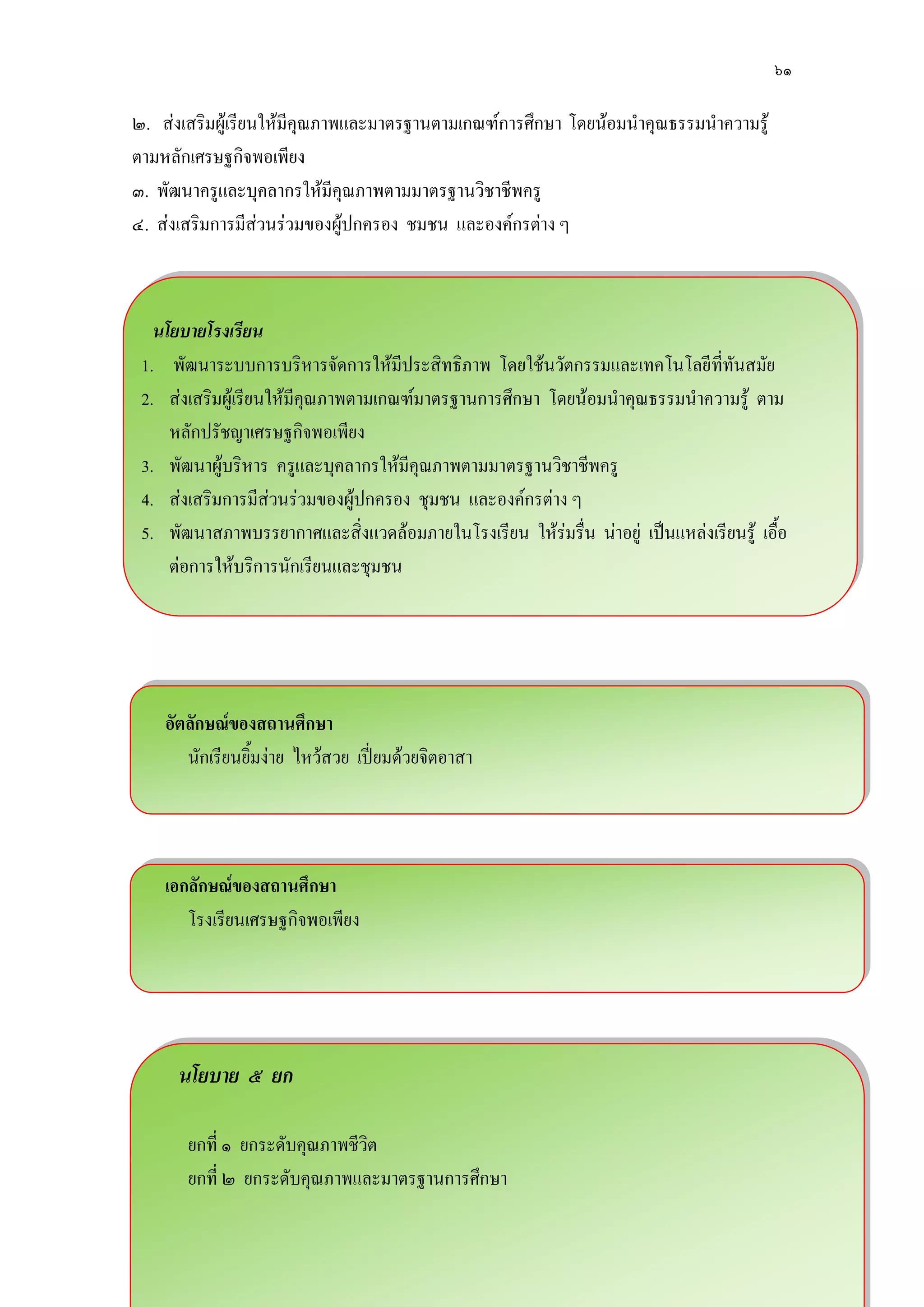 ๖๑
๒. สํงเสริมผู๎เรียนให๎มีคุณภาพและมาตรฐานตามเกณฑ์การศึกษา โดยน๎อมนาคุณธรรมนาความรู๎
ตามหลักเศรษฐกิจพอเพียง
๓. พัฒนาครูและบุคลากรให๎มีคุณภาพตามมาตรฐานวิชาชีพครู
๔. สํงเสริมการมีสํวนรํวมของผู๎ปกครอง ชมชน และองค์กรตําง ๆ
นโยบายโรงเรียน
1. พัฒนาระบบการบริหารจัดการให๎มีประสิทธิภาพ โดยใช๎นวัตกรรมและเทคโนโลยีที่ทันสมัย
2. สํงเสริมผู๎เรียนให๎มีคุณภาพตามเกณฑ์มาตรฐานการศึกษา โดยน๎อมนาคุณธรรมนาความรู๎ ตาม
หลักปรัชญาเศรษฐกิจพอเพียง
3. พัฒนาผู๎บริหาร ครูและบุคลากรให๎มีคุณภาพตามมาตรฐานวิชาชีพครู
4. สํงเสริมการมีสํวนรํวมของผู๎ปกครอง ชุมชน และองค์กรตําง ๆ
5. พัฒนาสภาพบรรยากาศและสิ่งแวดล๎อมภายในโรงเรียน ให๎รํมรื่น นําอยูํ เป็นแหลํงเรียนรู๎ เอื้อ
ตํอการให๎บริการนักเรียนและชุมชน
อัตลักษณ์ของสถานศึกษา
นักเรียนยิ้มงําย ไหว๎สวย เปี่ยมด๎วยจิตอาสา
เอกลักษณ์ของสถานศึกษา
โรงเรียนเศรษฐกิจพอเพียง
นโยบาย ๕ ยก
ยกที่ ๑ ยกระดับคุณภาพชีวิต
ยกที่ ๒ ยกระดับคุณภาพและมาตรฐานการศึกษา
 