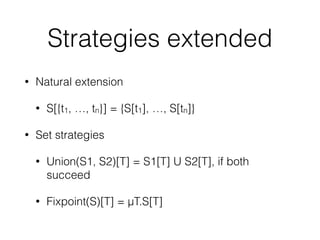 Strategies extended
• Natural extension
• S[{t1, …, tn}] = {S[t1], …, S[tn]}
• Set strategies
• Union(S1, S2)[T] = S1[T] U S2[T], if both
succeed
• Fixpoint(S)[T] = μT.S[T]
 