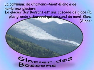 La commune de Chamonix-Mont-Blanc a de nombreux glaciers. Le glacier des Bossons est une cascade de glace (la plus grande d'Europe) qui descend du mont Blanc (Alpes).Glacier des Bossons