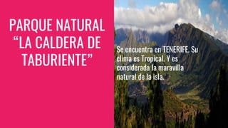 PARQUE NATURAL
“LA CALDERA DE
TABURIENTE”
Se encuentra en TENERIFE. Su
clima es Tropical. Y es
considerada la maravilla
natural de la isla.
 