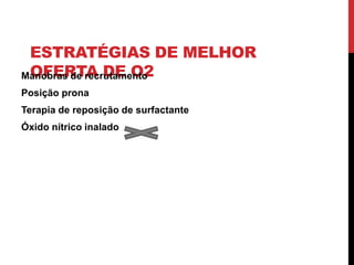 ESTRATÉGIAS DE MELHOR
OFERTA DE O2
Manobras de recrutamento
Posição prona
Terapia de reposição de surfactante
Óxido nítrico inalado
 