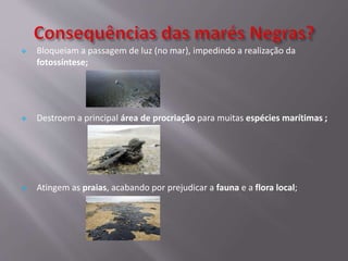  Bloqueiam a passagem de luz (no mar), impedindo a realização da
fotossíntese;
 Destroem a principal área de procriação para muitas espécies marítimas ;
 Atingem as praias, acabando por prejudicar a fauna e a flora local;
 