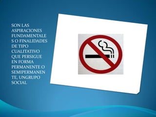SON LAS ASPIRACIONES FUNDAMENTALES O FINALIDADES DE TIPO CUALITATIVO QUE PERSIGUE EN FORMA PERMANENTE O SEMIPERMANENTE, UNGRUPO SOCIAL