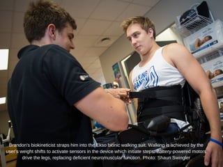 Brandon's biokineticist straps him into the Ekso bionic walking suit. Walking is achieved by the
user’s weight shifts to activate sensors in the device which initiate steps. Battery­powered motors
drive the legs, replacing deficient neuromuscular function. Photo: Shaun Swingler
 