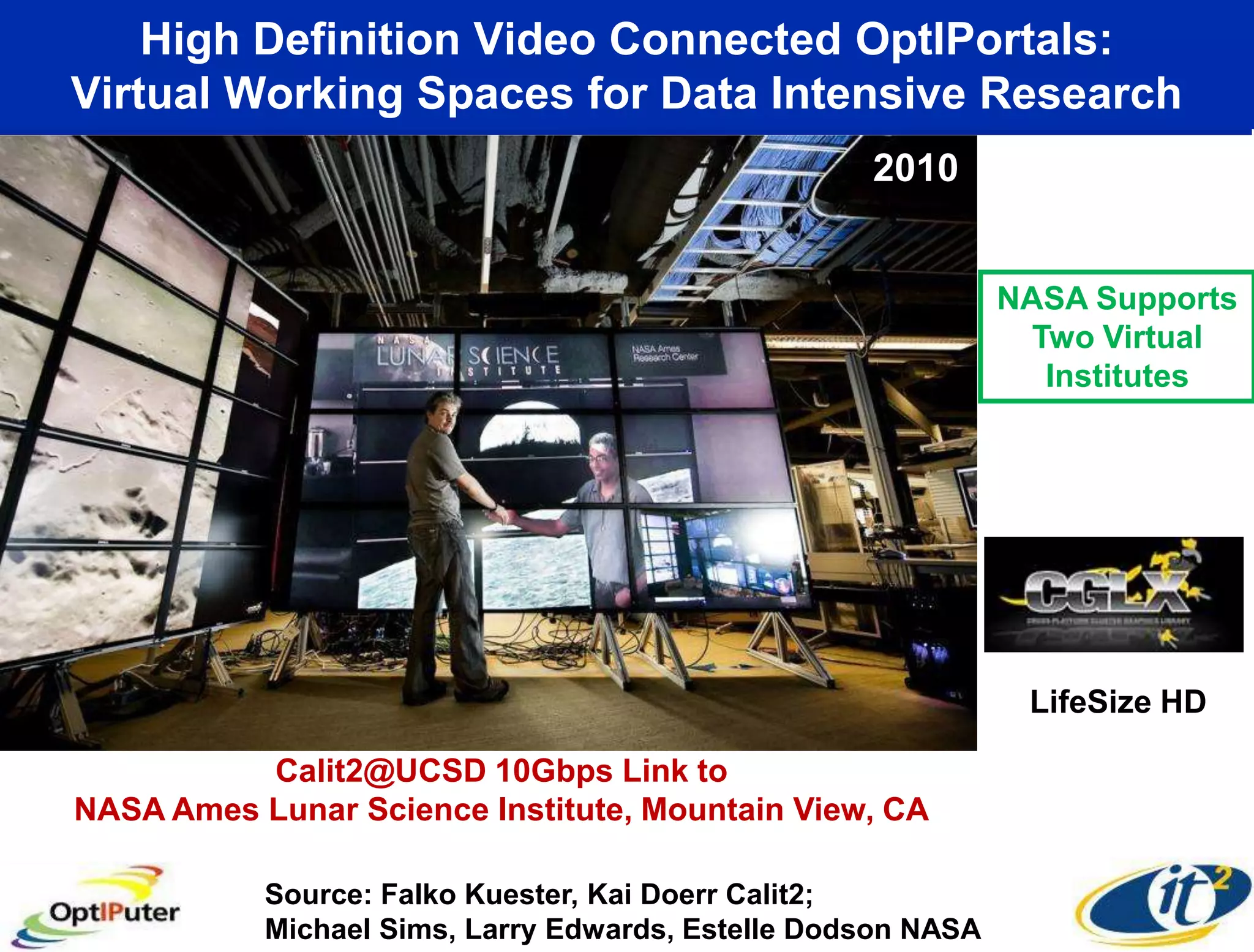 High Definition Video Connected OptIPortals:
Virtual Working Spaces for Data Intensive Research
                                                   2010


                                                              NASA Supports
                                                                Two Virtual
                                                                 Institutes




                                                               LifeSize HD

          Calit2@UCSD 10Gbps Link to
NASA Ames Lunar Science Institute, Mountain View, CA

           Source: Falko Kuester, Kai Doerr Calit2;
           Michael Sims, Larry Edwards, Estelle Dodson NASA
 