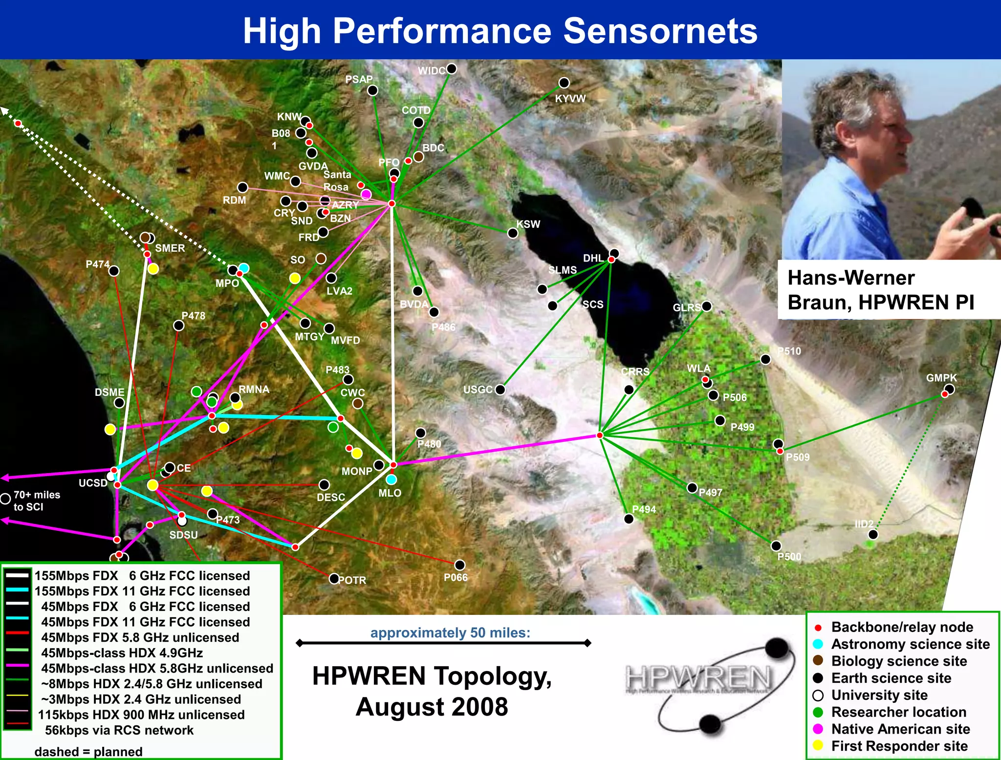 High Performance Sensornets
                                                                        WIDC
                                                         PSAP
                                                                                                 KYVW
                                                                      COTD
                                          KNW
                                          B08
                                          1                             BDC
                                            GVDA                PFO
                                        WMC    Santa
                                               Rosa
                                 RDM                  AZRY
                                          CRY
                                            SND       BZN
                                                                                           KSW
                                                FRD
                      SMER
                                            SO                                                          DHL
            P474
                                                                                                 SLMS
                                MPO
                                                      LVA2
                                                                                                                                         Hans-Werner
                         P478
                                                                   BVDA                                 SCS           GLRS               Braun, HPWREN PI
                                                                             P486
                                                MTGY MVFD
                                                                                                                                        P510
                                                      P483                                                    CRRS     WLA
                                                                                                                                                             GMPK
              DSME                 RMNA                 CWC                         USGC
                                                                                                                                P506

                                                                                                                                 P499
                                                                        P480
                                                                                                                                         P509
                        CE                              MONP
            UCSD
70+ miles                                          DESC         MLO                                                      P497
to SCI                                                                                                         P494
                                P473                                                                                                               IID2
                       SDSU

                                                                                                                                        P500
             CNM
   155Mbps FDX PL
                6  GHz FCC licensed                     POTR                   P066
   155Mbps FDX 11 GHz FCC licensed
                               NSS
       to CI and
    45Mbps FDX 6 GHz FCC licensed
                               S
       PEMEX
    45Mbps FDX 11 GHz FCC licensed
                                                               approximately 50 miles:                                                          Backbone/relay node
    45Mbps FDX 5.8 GHz unlicensed
                                                                                                                                                Astronomy science site
    45Mbps-class HDX 4.9GHz
    45Mbps-class HDX 5.8GHz unlicensed
                                                                                                                                                Biology science site
    ~8Mbps HDX 2.4/5.8 GHz unlicensed             HPWREN Topology,                                                                              Earth science site
    ~3Mbps HDX 2.4 GHz unlicensed                                                                                                               University site
   115kbps HDX 900 MHz unlicensed                   August 2008                                                                                 Researcher location
     56kbps via RCS network                                                                                                                     Native American site
   dashed = planned                                                                                                                             First Responder site
 