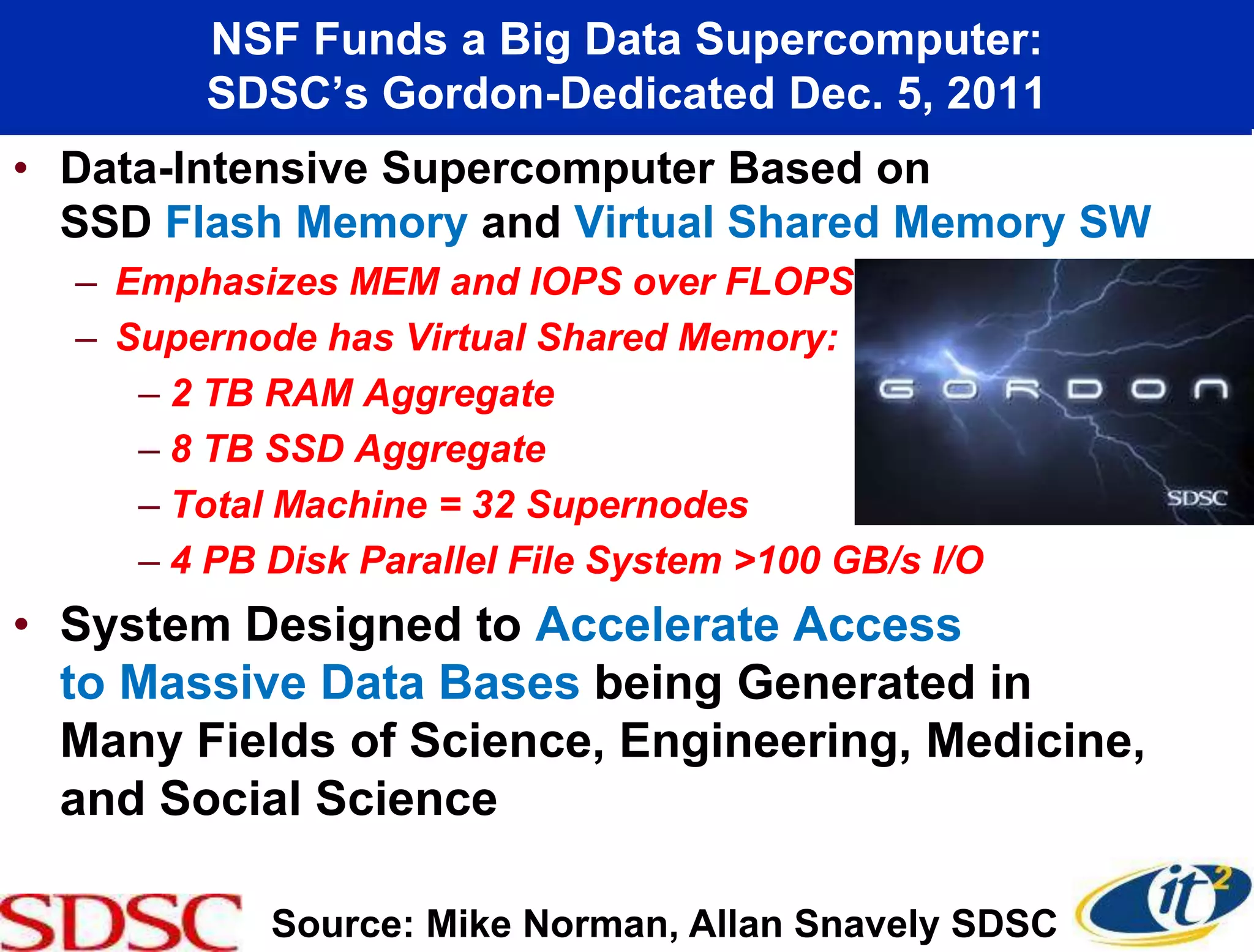 NSF Funds a Big Data Supercomputer:
         SDSC’s Gordon-Dedicated Dec. 5, 2011
• Data-Intensive Supercomputer Based on
  SSD Flash Memory and Virtual Shared Memory SW
  – Emphasizes MEM and IOPS over FLOPS
  – Supernode has Virtual Shared Memory:
     – 2 TB RAM Aggregate
     – 8 TB SSD Aggregate
     – Total Machine = 32 Supernodes
     – 4 PB Disk Parallel File System >100 GB/s I/O
• System Designed to Accelerate Access
  to Massive Data Bases being Generated in
  Many Fields of Science, Engineering, Medicine,
  and Social Science

            Source: Mike Norman, Allan Snavely SDSC
 