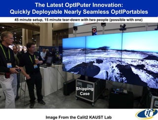 The Latest OptIPuter Innovation:
Quickly Deployable Nearly Seamless OptIPortables
 45 minute setup, 15 minute tear-down with two people (possible with one)




                                   Shipping
                                    Case




                  Image From the Calit2 KAUST Lab
 