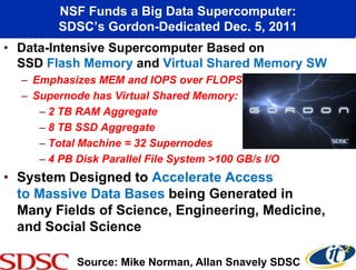 NSF Funds a Big Data Supercomputer:
         SDSC’s Gordon-Dedicated Dec. 5, 2011
• Data-Intensive Supercomputer Based on
  SSD Flash Memory and Virtual Shared Memory SW
  – Emphasizes MEM and IOPS over FLOPS
  – Supernode has Virtual Shared Memory:
     – 2 TB RAM Aggregate
     – 8 TB SSD Aggregate
     – Total Machine = 32 Supernodes
     – 4 PB Disk Parallel File System >100 GB/s I/O
• System Designed to Accelerate Access
  to Massive Data Bases being Generated in
  Many Fields of Science, Engineering, Medicine,
  and Social Science

            Source: Mike Norman, Allan Snavely SDSC
 