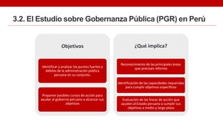 3.2. El Estudio sobre Gobernanza Pública (PGR) en Perú
¿Qué implica?
Evaluación de las líneas de acción que
ayuden al Esta...