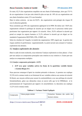 Revue Économie, Gestion et Société N°8 décembre 2016
http://revues.imist.ma/?journal=REGS ISSN: 2458-6250
14
En outre, 62,1% des organisations enquêtées ont une charte d’informatique, alors que 37,9 %
de ces organisations n’ont pas cette charte.En plus un taux de 69% de ces organisations ont
une charte formalisée contre 31% non formalisé.
Dans le même contexte, un taux de 82,8% des organisations sont partagés des risques SI
avec la direction générale.
Nous constatons que 50% des organisations appliquent la loi 0908. De même seul 50,8% des
organisations utilisent la politique de sécurité qui est aligné avec le processus métier pour
positionner leur organisation par rapport à la sécurité. Alors, 29,5% utilisent la sécurité qui
prend en compte les aspects humains et 21,3% utilisent la sécurité qui est aligné sur les
standards d’organisation ISO2700X, ITIL, COBIT, etc.
Selon les résultats de l’enquête, la totalité des organisations 100% jugent que la gestion des
risques améliore la performance organisationnelle. Le point suivant sera consacré à l’analyse
exploratoire des données.
5.2 Analyse exploratoire des données
Dans le cadre de notre recherche, nous traiterons l’analyse exploratoire en deux phases : d’une
part une analyse en composantes principales sans rotation et avec rotation et d’autre part une
analyse en composantes multiples.
5.2.1Analyse composantes principales (ACP)
 ACP avec pour variables actives les Items de la quatrième variable latente
« Gestion Risque SI »
Nous pouvons remarquer d’après les résultats présentés ci-dessous ; le premier axe explique
35,74% de la variance totale et est fortement lié aux variables relatives aux normes de sécurité
SI (Item), aux moyens utilisés pour assurer la continuité(Item), avec une politique de sécurité
formalisée(Item), grâce aux démarches mises en œuvre telle que la loi 0908(Item) et le
positionnement de l’organisation par rapport à la sécurité(Item). Le deuxième axe explique
13,21% de la variance totale.
Tableau 1 : Variance Totale Expliquée
Composante
Valeur propre initiale Extraction Sommes des carrés des
facteurs retenus
 