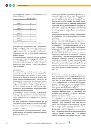CAS CLINIQUES
42 Journal de la Société Marocaine d’Ophtalmologie - n° 25- Février 2016
Figure 5 : Taux de CD4+ /mm3 initial au moment du diagnostic
La moyenne du taux initial de CD4+ était inférieure à 85 cel-
lules/mm3 (figure 5).
Taux de CD4 +
Patient 1 16
Patient 2 44
Patient 3 27
Patient 4 85
patient 5 68
Patient 6 12
Patient 7 61
Patient 8 37
Patient 9 11
La sérologie CMV Ig M était positive dans 77,8% des cas tan-
dis que la sérologie Ig G était positive chez tous les patients.
La recherche de l’antigène virale par amplification génomique
(PCR) au niveau du sang a été réalisée chez 6 patients, elle s’est
révélée positive dans les 6 cas avec un nombre de 1360 copies
par ml en moyenne.
L’évolution clinique sous le protocole combinant le Ganciclo-
vir intraveineux à la dose de 10 mg/Kg/j et la trithérapie an-
tirétrovirale HAART était favorable chez 6 patients avec amé-
lioration de l’acuité visuelle finale, disparition de la hyalite et
régression des foyers rétiniens. 3 patients sont décédés au
cours du traitement.
DISCUSSION
La rétinite à CMV constitue l’infection opportuniste la plus
commune du sujet VIH positif [7]. Ce virus strictement hu-
main est transmis par contact étroit avec les larmes, la salive,
les urines, le lait maternel, le sperme ou les sécrétions géni-
tales de personnes répliquant activement le virus [8]. 90% des
porteurs du VIH présenteront les symptômes d’une infection
active à CMV durant leur maladie et jusqu’à 25% d’entre eux
souffriront d’une infection à CMV susceptible de menacer
leur vie ou d’entraîner la cécité [8, 9, 10]. La gravité de l’in-
fection à CMV et ses manifestations cliniques dépendent de
l’importance du déficit immunitaire.
La rétinite à CMV survient premièrement lorsque le taux de
lymphocytes CD4+ est inférieur à 50 cellules/mm3, deuxiè-
mement durant les 3 premiers mois du traitement antirétro-
viral et troisièmement, en cas d’échappement au traitement
antirétroviral.
Elle atteint typiquement la périphérie rétinienne, avec des
hémorragies rétiniennes qui peuvent s’étendre jusqu’au pôle
postérieure mettant ainsi en jeu le pronostic visuel. La macula
est rarement atteinte en premier lieu ou exclusivement dans
les rétinites à CMV [11].
Au cours de la phase de reconstitution immunitaire, une hya-
lite peut apparaître chez les patients répondeurs au traitement
antirétroviral HAART [12].
Souvent asymptomatique, le fond d’œil systématique est re-
commandé régulièrement dans les stades d’immunodépres-
sion profonde [5]. Les lésions de la rétinite à CMV peuvent
présenter différents aspects cliniques. Le foyer typique com-
porte un centre cicatriciel blanchâtre, une couronne intermé-
diaire active blanchâtre avec des hémorragies et une couronne
périphérique de rétine saine contenant des micro-foyers sa-
tellites blancs : c’est le front de prolifération virale. Les bords
du foyer sont irréguliers blancs ou grisâtres et grumeleux. La
rechute de la rétinite est marquée par une avancée des bords
du foyer [5].
D’autres aspects moins typiques comme la forme fulminante,
la forme indolente et la forme périvasculaire peuvent égale-
ment exister.
En cas de doute, une angiographie rétinienne peut montrer
des signes en faveur de la rétinite à CMV. L’hyperfluorescence
débute au centre de la lésion, puis s’étend de façon centrifuge.
La sérologie CMV est habituellement positive chez les pa-
tients VIH positifs. Le diagnostic peut être confirmé par am-
plification PCR de l’ADN viral dans l’humeur aqueuse, avec
une sensibilité proche de 100% [13].
La mise en route des traitements antiviraux incluant une
antiprotéase a profondément changé l’histoire naturelle de
l’infection à CMV. Deux molécules sont actuellement com-
mercialisées : le Ganciclovir (Cymevan®) et le Foscarnet (Fos-
cavir®). La voie systémique est la plus recommandée tandis
que la voie intravitréenne peut être envisagée chaque fois que
le traitement générale est impossible ou insuffisant, mais elle
a l’inconvénient de ne traiter que l’œil injecté sans protéger
l’autre œil ni prévenir les autres localisations de l’infection à
CMV [5].
Ganciclovir
Le Ganciclovir est le traitement de référence. C’est un ana-
logue de la désoxyguanosine qui inhibe l’ADN polymérase
virale par compétition. Sa structure ressemble à celle de l’acy-
clovir, mais il est 50 fois plus efficace contre le CMV in vitro
[14]. La posologie habituelle est de 5mg/kg, deux fois par jour
pendant 14 à 21 jours en injection intraveineuse pour la phase
d’induction et de 5 mg/kg/J ou de 6 mg/kg, 5 jours par se-
maine, pour la phase d’entretien [15] (figure 5).
En règle générale, l’action virostatique du traitement précède
l’amélioration des signes clinique [15]. Les principaux effets
secondaires sont la neutropénie (40% des cas) et la thrombo-
cytopénie (20% des cas) [16, 17].
L’injection intravitréenne du Ganciclovir est recommandée
en cas d’intolérance ou de contre indication de la voie sys-
témique. Elle permet d’obtenir des concentrations tissulaires
supérieures à la voie systémique au niveau de l’œil injecté. La
dose du Ganciclovir injectée en intravitréen est de 2 mg, deux
fois par semaine pendant 2 semaines suivie d’une IVT par
semaine pendant 8 semaines [18, 19].
Pour limiter le nombre des IVT itératives et leurs complica-
tions, il est préférable d’utiliser un implant intravitréen de
Ganciclovir (Vitrasert®). Ce dernier, dosé à 4.5 mg, libère 1 µg
par heure de Ganciclovir pour une durée supérieure à 6 mois,
 