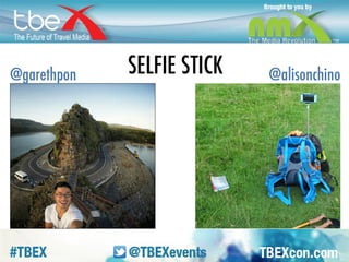 SELFIE STICK. Great to put yourself in the 
surroundings, can really get a lot of the 
location. Gives you a great angle. Also 
really good if you’re trying to to take a big 
groupie. More people fit. Or how about 
using it as a makeshift tripod while you 
vlog? 
 