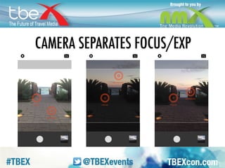 CAM. You can separate the focus point 
from the exposure point in the VSCO 
camera, move it around on the screen until 
you have the light just right. Also? Whole 
bottom bar of screen is button. 
 