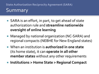 State Authorization Reciprocity Agreement (SARA)
 SARA is an effort, in part, to get ahead of state
authorization rule and streamline nationwide
oversight of online learning
 Managed by national organization (NC-SARA) and
regional compacts (NEBHE for New England states)
 When an institution is authorized in one state
(its home state), it can operate in all other
member states without any other requirements
 Institutions > Home State > Regional Compact
Summary
 