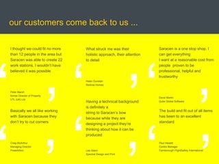 our customers come back to us ...

I thought we could fit no more   What struck me was their             Saracen is a one stop shop. I
than 12 people in the area but   holistic approach, their attention   can get everything
Saracen was able to create 22    to detail                            I want at a reasonable cost from
work stations. I wouldn’t have                                        people proven to be
believed it was possible                                              professional, helpful and
                                                                      trustworthy
                                 Helen Dunstan
                                 Redrow Homes

Peter Marsh
former Director of Property
                                                                      David Martin
VTL (UK) Ltd
                                 Having a technical background        Qube Global Software

                                 is definitely a
Basically we all like working                                         The build and fit out of all items
                                 string to Saracen’s bow
with Saracen because they                                             has been to an excellent
                                 because while they are
don’t try to cut corners                                              standard
                                 designing a project they’re
                                 thinking about how it can be
                                 produced

Craig McArthur                                                        Paul Hewett
Managing Director                                                     Centre Manager
Powerbition                      Lee Glenn                            Farnborough FlightSafety International
                                 Spectral Design and Print
 