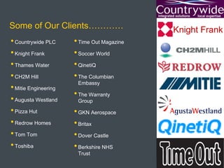 Some of Our Clients…………                     Knight Frank
• Countrywide PLC     • Time Out Magazine
• Knight Frank        • Soccer World
• Thames Water        • QinetiQ
• CH2M Hill           • The Columbian
                       Embassy
• Mitie Engineering
                      • The Warranty
• Augusta Westland     Group
• Pizza Hut           • GKN Aerospace
• Redrow Homes        • Britax
• Tom Tom             • Dover Castle
• Toshiba             • Berkshire NHS
                       Trust
 