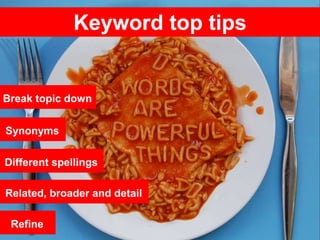 Different spellings
Related, broader and detail
Synonyms
Break topic down
Refine
Keyword top tips
 