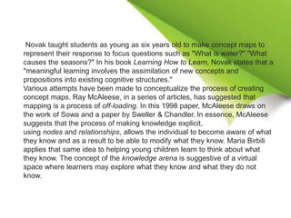 Novak taught students as young as six years old to make concept maps to
represent their response to focus questions such as "What is water?" "What
causes the seasons?" In his book Learning How to Learn, Novak states that a
"meaningful learning involves the assimilation of new concepts and
propositions into existing cognitive structures."
Various attempts have been made to conceptualize the process of creating
concept maps. Ray McAleese, in a series of articles, has suggested that
mapping is a process of off-loading. In this 1998 paper, McAleese draws on
the work of Sowa and a paper by Sweller & Chandler. In essence, McAleese
suggests that the process of making knowledge explicit,
using nodes and relationships, allows the individual to become aware of what
they know and as a result to be able to modify what they know. Maria Birbili
applies that same idea to helping young children learn to think about what
they know. The concept of the knowledge arena is suggestive of a virtual
space where learners may explore what they know and what they do not
know.
 